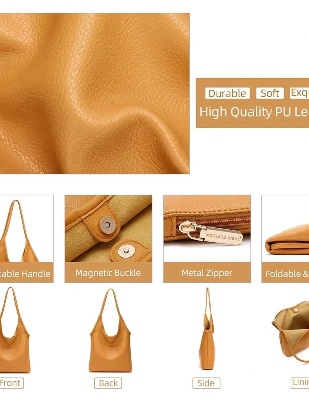 Montana West Mustard Yellow Vegan Leather Slouchy Hobo Tote Shoulder Bag